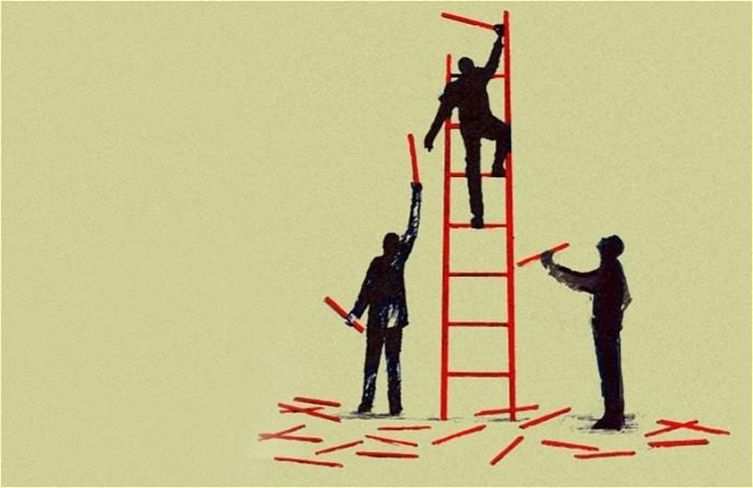 Illustration of people building a ladder to support one another