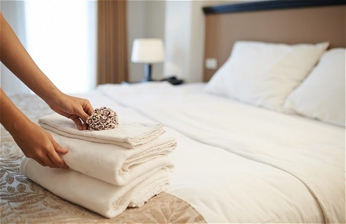 Bed with person setting down clean towels