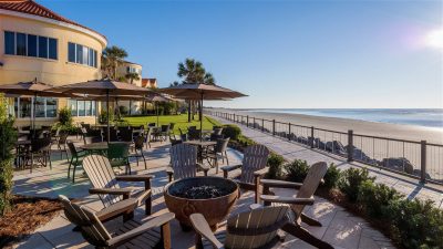 Beach with lounge tables and chairs